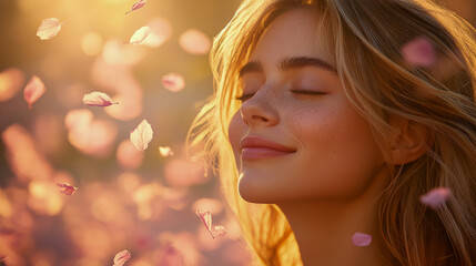 Fototapeta premium The woman smiles serenely with her eyes closed as delicate pink petals swirl around her, illuminated by the golden sunset glow