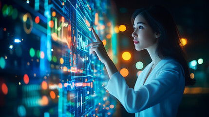 A businesswoman discussing project progress with her team, using a digital display to highlight key milestones 