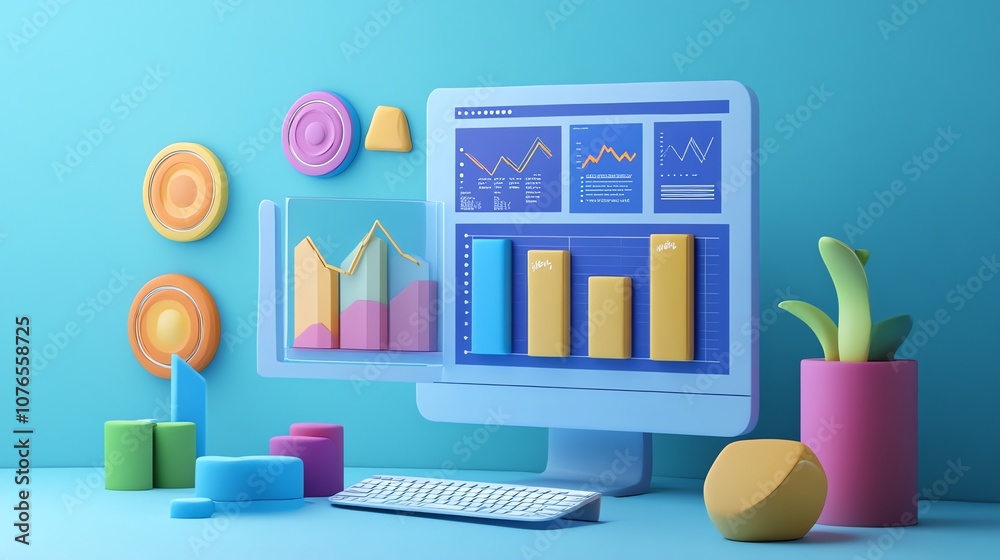 Poster 3d illustration of a computer monitor displaying a graph with a colorful data visualization surround