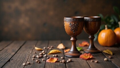Rustic wooden goblets with autumn decorations against a dark background