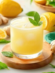 Refreshing Citrus Beverage with Ginger, Mint, and Lemon Garnish Perfect for Warm Days and Summer Gatherings in a Cozy Setting