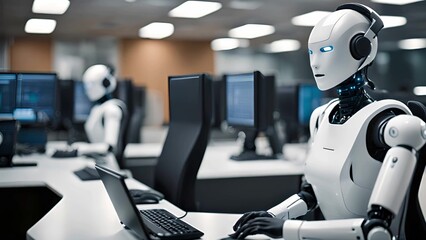 There is a robot at a desk, with a laptop computer in front of it