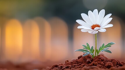 The white flower stands tall and proud, its delicate petals contrasting against the harsh red earth, a beacon of hope in the unforgiving wasteland.