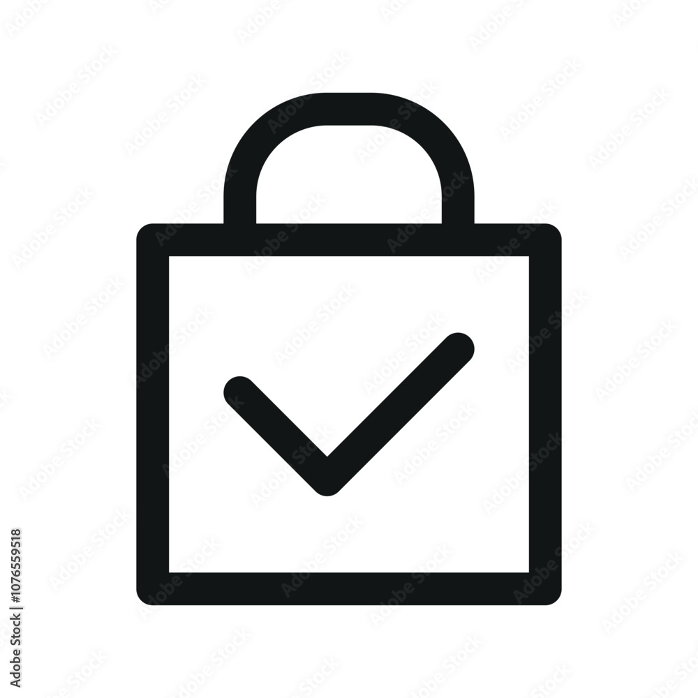 Poster shopping bag check mark ui icon, order placed simple line user interface vector symbol