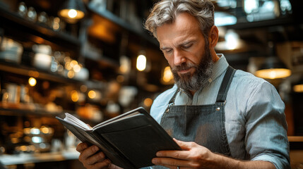Fototapeta premium A man wearing an apron is deeply engrossed in reading a book in a charming café adorned with warm lighting and wooden elements