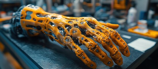 Closeup of a robotic prosthetic hand made from 3D printing, a mechanical hand with articulated fingers.