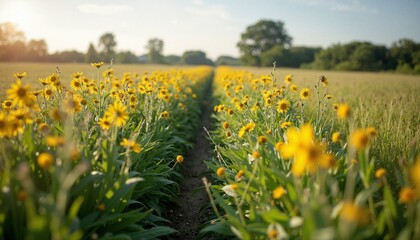 Obraz premium Vibrant Yellow Sunflowers Blooming in Countryside Field at Golden Hour