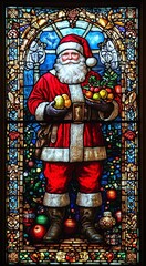Fototapeta premium Illustrazione di Babbo Natale con barba bianca e abito rosso, corpo intero in piedi davanti a una finestra, con frutti in mano, circondato da decorazioni natalizie,