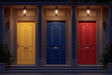 Three doors, each door in a different color on the front porch of a mansion building. It's nighttime, with bright light from a lamp.