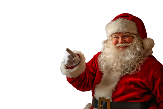 Isolated santa claus is pointing and smiling. Santa is holting a sign. Advertisement. Transparent. Template. 