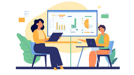 A confident woman leading a team meeting, using a laptop and pointing at a projection of charts and graphs 