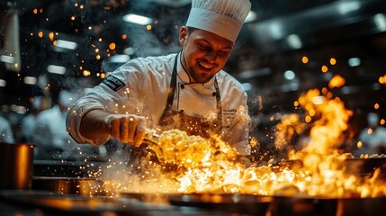 A chef in a white uniform and a chef hat, smiles and uses tongs to stir food in a pan, which is on fire. The flames are large and bright, and there are sparks flying in the air.