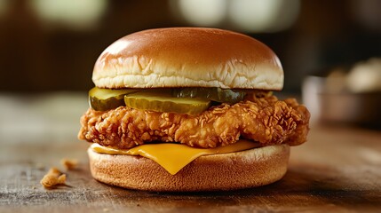 A crispy fried chicken sandwich with cheese and pickles on a sesame seed bun.