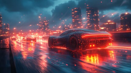 Futuristic city with a glowing car driving on a wet road.