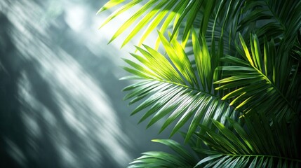 Lush green palm leaves with sunlight streaming through the foliage.