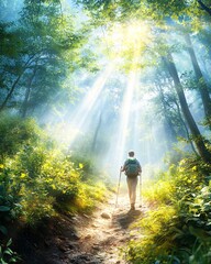 Lone Adventurer Hiking Through Sunlit Forest Path Enveloped in Nature's Serenity