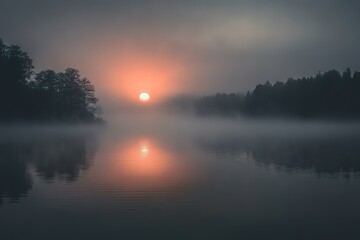 Fototapeta premium The sunrise over the Black Creek River in muted colors, a grey sky, a foggy background