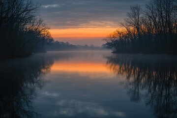 Fototapeta premium The sunrise over the Black Creek River in muted colors, a grey sky, a foggy background