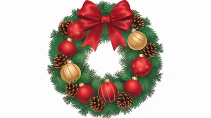 A beautiful wreath made of pinecones and berries, adorned with gold and red balls. The pinecones are arranged in a way that creates a natural and rustic look, while the berries add a pop of color
