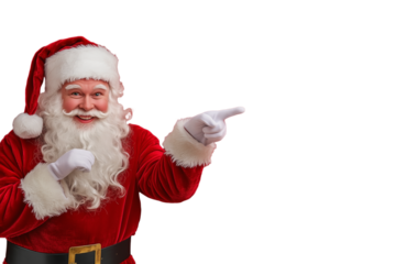 Isolated santa claus is pointing and smiling. Santa is holting a sign. Advertisement. Transparent. Template. 