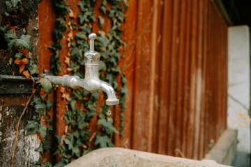 Old, metal water faucet outdoors. Close up shot, autumn vegetation, no people