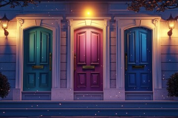 Three doors, each door in a different color on the front porch of a mansion building. It's nighttime, with bright light from a lamp.