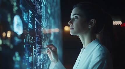 A female manager explaining a complex concept to her team with the help of a digital whiteboard 