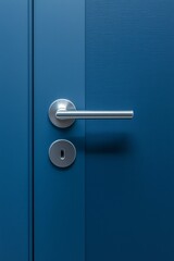 A blue door with a silver handle, close-up, in a simple, minimalistic style