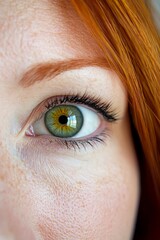 Intense Gaze Highlighting the Beauty of Freckles and Vibrant Green Eyes, Close-Up Portrait.