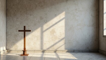 Naklejka premium Wooden cross in serene light symbolizing faith against minimalist church wall with copy space