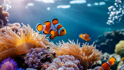 Vibrant underwater scene featuring clownfish among coral reefs.