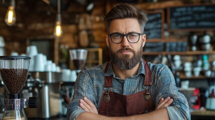 Obraz premium barista with a beard and glasses crosses his arms while standing in a bustling coffee shop