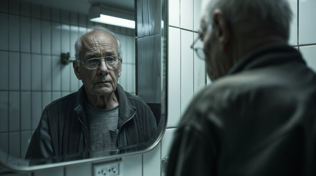 Elderly man looking on himself in the mirror. 