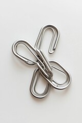 Interlocking metal rings on white background.