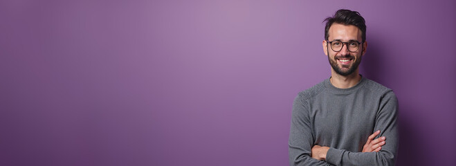 Confident Man Smiling Cheerfully Against Purple Background with Copy Space