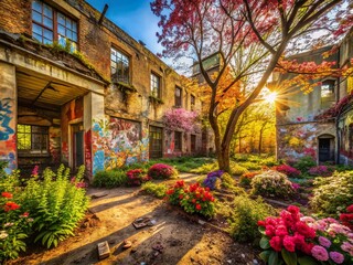 Fototapeta premium Urban Exploration in Spring: Capturing the Beauty of Nature and Abandoned Spaces in a Vibrant Cityscape Filled with Colorful Blossoms and Lush Greenery