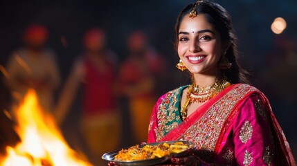 A traditional Punjabi woman dressed in bright festive clothing holding a plate of Lohri sweets with a warm smile bonfire and dhol players blurred in the background adding vibrance to the scene
