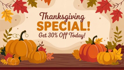 A Thanksgiving sale banner with a turkey and a pumpkin. The turkey is on the right side of the banner and the pumpkin is on the left side. The banner is red and orange and has a festive mood