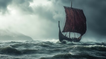Viking Ship Braving Stormy Seas