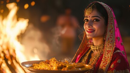 A vibrant close-up of a Punjabi woman in traditional attire holding a thali filled with Lohri sweets her face glowing from the nearby bonfire capturing the festive spirit and warmth of the celebration
