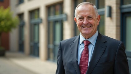 Naklejka premium Senior businessman with cheerful smile standing outside office building