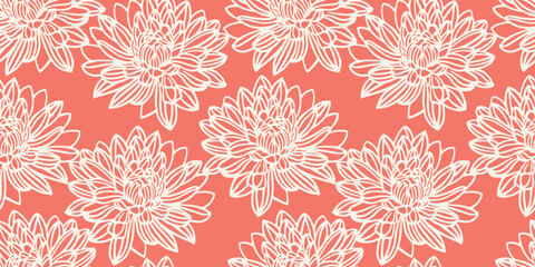 Minimalist seamless floral pattern with large, detailed line-drawn flowers on orange background. Perfect for modern textiles, packaging, wallpaper, and home decor,  sophisticated monochrome look.