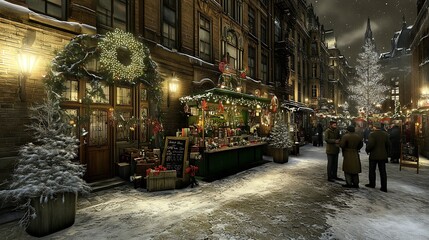 Obraz premium Festive Christmas Market in a Snowy European Alleyway