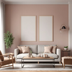 Frame mockup, ISO A paper size. Living room wall poster mockup. Interior mockup with house background. Modern interior design. 3D render