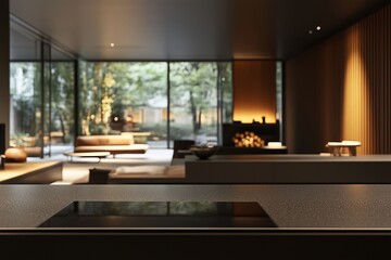 Modern minimalist countertop with greenery in background, product placement