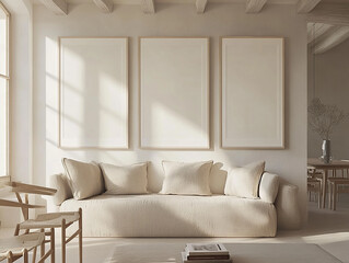 Fototapeta premium Three large, thick, white wooden photo frames mockup hanging on the wall in a living room with neutral tones, creating a cozy and warm atmosphere. The room features wooden furniture