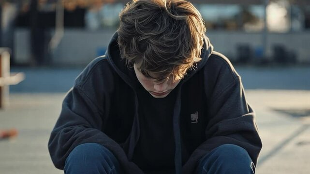 Depression in teens, a young person sitting alone in a schoolyard, looking disconnected and lost.
