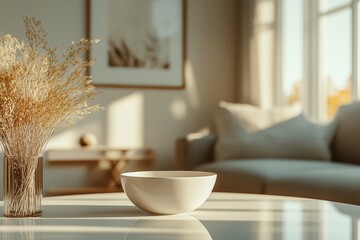 Minimalist living room table with dry plant arrangement, product placement