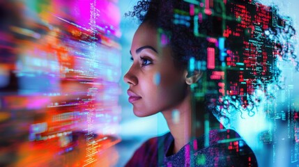 Young woman in modern office working on multiple computer screens coding software with intense focus technology interface overlay digital data visualizations behind her professional setting vibrant