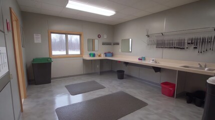 A clean, functional room with counters, sinks, and storage for various tasks.